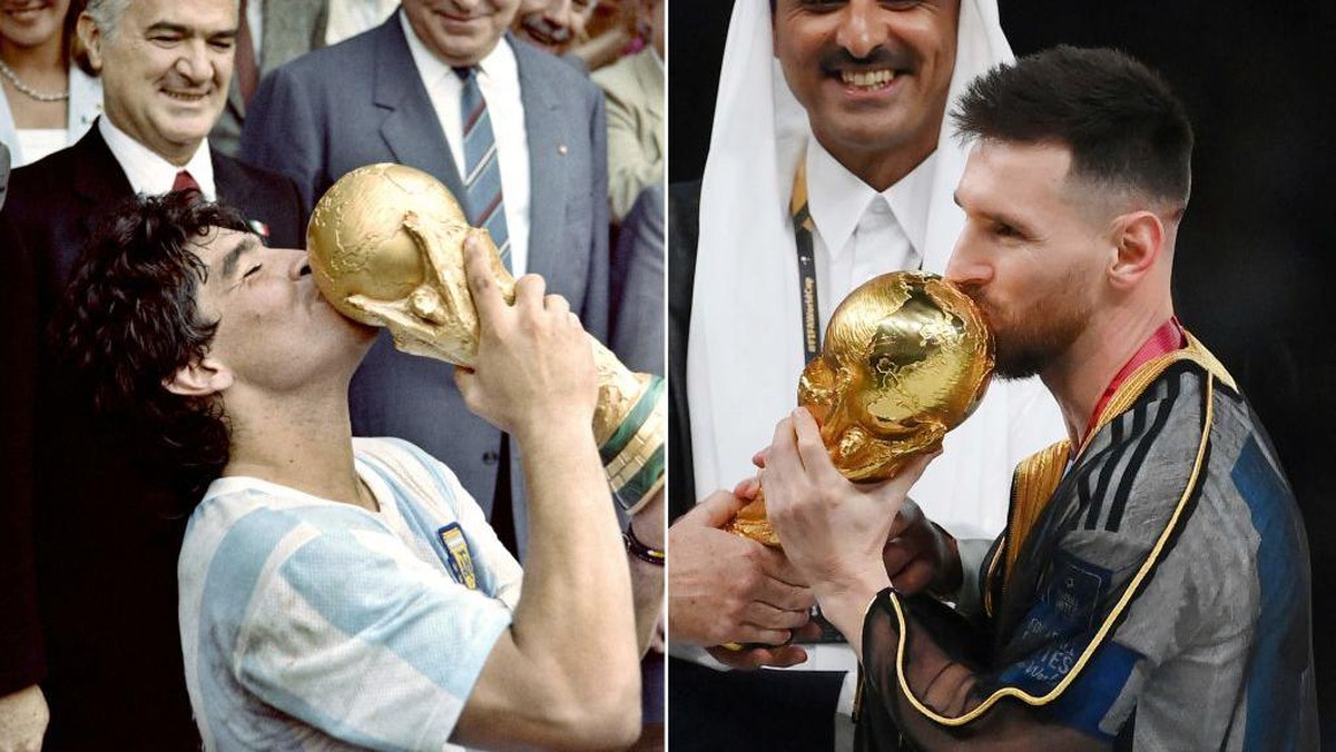 Maradona (kiri) saat mencium trofi Piala Dunia pada 1986 dan Messi (kanan) sewaktu melakukan hal serupa pada 2022. Foto: AFP via Getty Images/DOMINIQUE FAGET