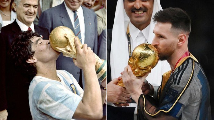 (COMBO) This combination of pictures created on December 18, 2022 shows  Argentinas captain Diego Armando Maradona (L) kissing the World Cup trophy won by his team after a 3-2 victory over West Germany on June 29, 1986 at the Azteca Stadium in Mexico City and Argentinas forward Lionel Messi (R) kissing the World Cup trophy after beating France during the Qatar 2022 World Cup final football match at Lusail Stadium in Lusail, north of Doha on December 18, 2022. (Photo by DOMINIQUE FAGET and Franck FIFE / AFP) (Photo by DOMINIQUE FAGET,FRANCK FIFE/AFP via Getty Images)