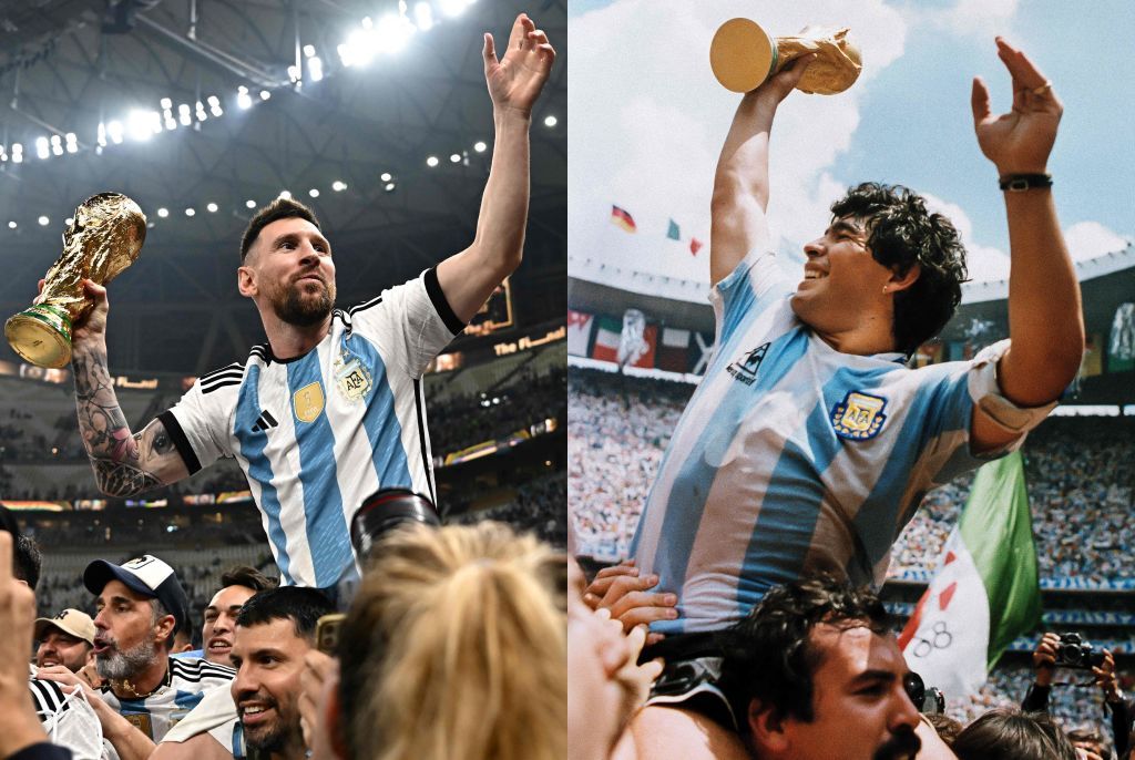 TOPSHOT - (COMBO) This combination of pictures created on December 18, 2022 shows Argentina's forward Lionel Messi (L) holding the World Cup trophy after beating France during the Qatar 2022 World Cup final football match at Lusail Stadium in Lusail, north of Doha on December 18, 2022 and Argentina's captain Diego Armando Maradona (R) holding the World Cup  trophy won by his team after a 3-2 victory over West Germany on June 29, 1986 at the Azteca Stadium in Mexico City. (Photo by Anne-Christine POUJOULAT / AFP) (Photo by ANNE-CHRISTINE POUJOULAT/AFP via Getty Images)