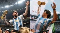 Satu lagi momen mirip nan ikonik dari dua legenda Argentina beda generasi. Foto: AFP via Getty Images/ANNE-CHRISTINE POUJOULAT