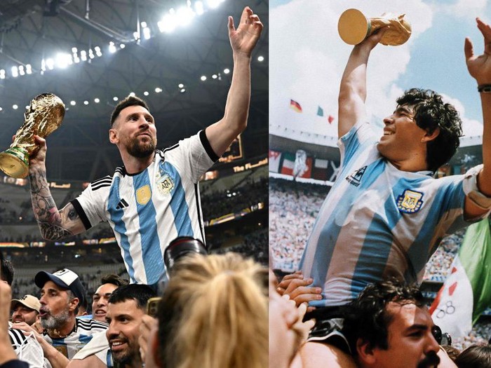 TOPSHOT - (COMBO) This combination of pictures created on December 18, 2022 shows Argentina's forward Lionel Messi (L) holding the World Cup trophy after beating France during the Qatar 2022 World Cup final football match at Lusail Stadium in Lusail, north of Doha on December 18, 2022 and Argentina's captain Diego Armando Maradona (R) holding the World Cup  trophy won by his team after a 3-2 victory over West Germany on June 29, 1986 at the Azteca Stadium in Mexico City. (Photo by Anne-Christine POUJOULAT / AFP) (Photo by ANNE-CHRISTINE POUJOULAT/AFP via Getty Images)