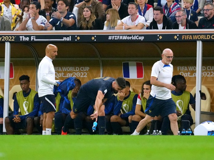 France's Olivier Giroud throws a bottle after being substituted during the FIFA World Cup final at Lusail Stadium, Qatar. Picture date: Sunday December 18, 2022. (Photo by Nick Potts/PA Images via Getty Images)