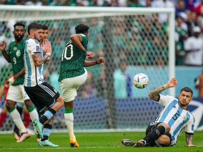 (10) SALEM ALDAWSARI of Saudi Arabia team scoring second goal during the FIFA World Cup Qatar 2022 Group C match between Argentina and Saudi Arabia at Lusail Stadium on 22 November 2022 in Lusail City, Qatar. (Photo by Ayman Aref/NurPhoto via Getty Images)