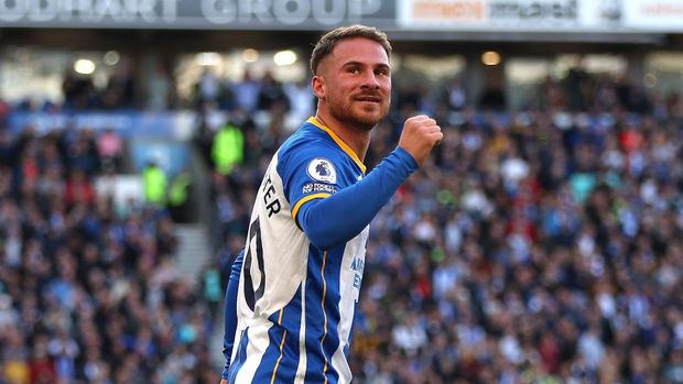 BRIGHTON, ENGLAND - NOVEMBER 13: Alexis Mac Allister of Brighton & Hove Albion celebrates after scoring their side's first goal during the Premier League match between Brighton & Hove Albion and Aston Villa at American Express Community Stadium on November 13, 2022 in Brighton, England. (Photo by Christopher Lee/Getty Images)