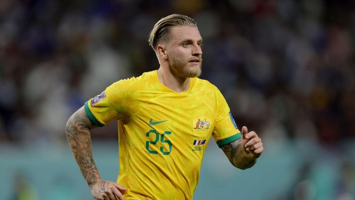 AL WAKRAH, QATAR - NOVEMBER 22: Jason Cummings of Australia  during the  World Cup match between France  v Australia at the Al Janoub Stadium on November 22, 2022 in Al Wakrah Qatar (Photo by Eric Verhoeven/Soccrates/Getty Images)