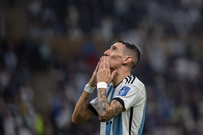LUSAIL CITY, QATAR - DECEMBER 18: Angel Di Maria of Argentina celebrates scoring a goal to make it 2-0 during the FIFA World Cup Qatar 2022 Final match between Argentina (3) and France (3) (Argentina win 4-2 on penalties) at Lusail Stadium on December 18, 2022 in Lusail City, Qatar. (Photo by Simon Bruty/Anychance/Getty Images)
