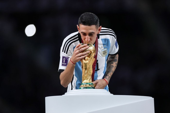 LUSAIL CITY, QATAR - DECEMBER 18: Angel Di Maria of Argentina celebrates scoring a goal to make it 2-0 during the FIFA World Cup Qatar 2022 Final match between Argentina (3) and France (3) (Argentina win 4-2 on penalties) at Lusail Stadium on December 18, 2022 in Lusail City, Qatar. (Photo by Simon Bruty/Anychance/Getty Images)
