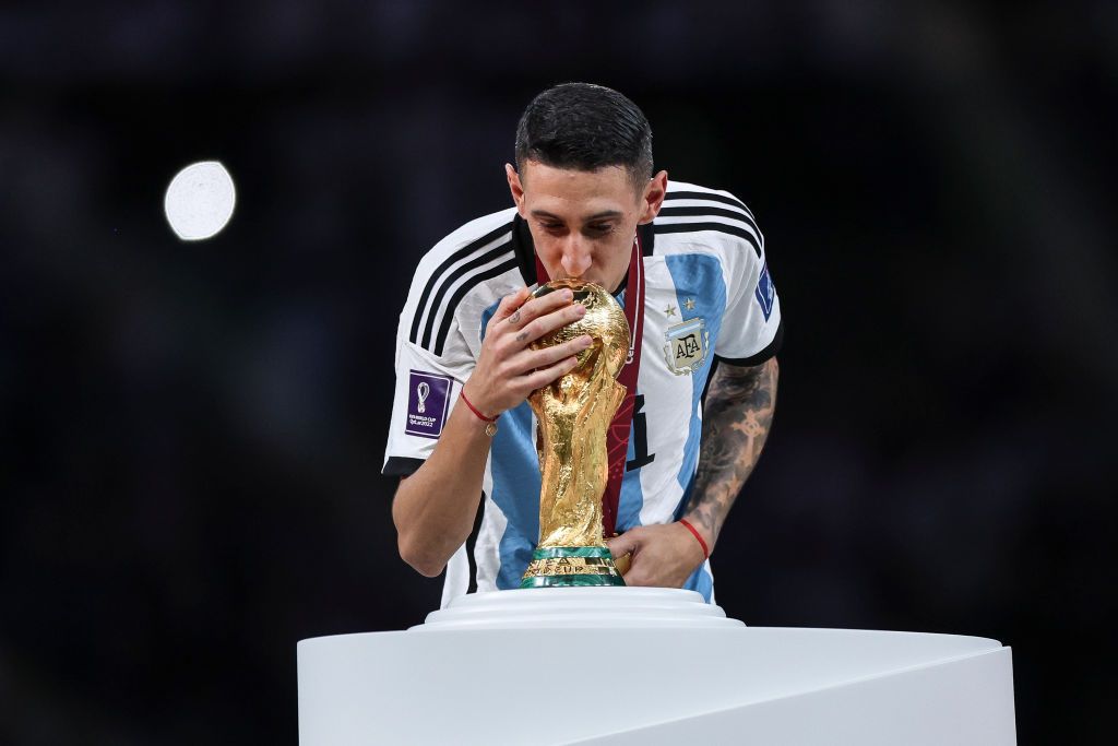 LUSAIL CITY, QATAR - DECEMBER 18: Angel Di Maria of Argentina celebrates scoring a goal to make it 2-0 during the FIFA World Cup Qatar 2022 Final match between Argentina (3) and France (3) (Argentina win 4-2 on penalties) at Lusail Stadium on December 18, 2022 in Lusail City, Qatar. (Photo by Simon Bruty/Anychance/Getty Images)