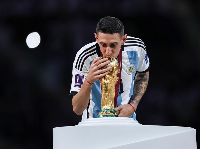 LUSAIL CITY, QATAR - DECEMBER 18: Angel Di Maria of Argentina celebrates scoring a goal to make it 2-0 during the FIFA World Cup Qatar 2022 Final match between Argentina (3) and France (3) (Argentina win 4-2 on penalties) at Lusail Stadium on December 18, 2022 in Lusail City, Qatar. (Photo by Simon Bruty/Anychance/Getty Images)