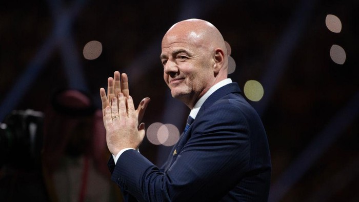 LUSAIL CITY, QATAR - DECEMBER 18: FIFA President Gianni Infantino before the presentation following the FIFA World Cup Qatar 2022 Final match between Argentina and France at Lusail Stadium on December 18, 2022 in Lusail City, Qatar. (Photo by Visionhaus/Getty Images)