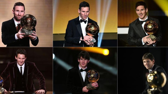 Messi dengan Sederet Trofinya TOPSHOT - (COMBO) This combination of file photographs created on December 3, 2019, shows Barcelona's Argentinian forward Lionel Messi reacting as he receives the Ballon d'or Football Trophy (from top L to down R) for the year 2019 in Paris on December 2, 2019; for the year 2015 in Zurich on January 11, 2016; for the year 2012 in Zurich on January 7, 2013; for the year 2011 in Zurich on January 9, 2012; for the year 2010 in Zurich, on January 10, 2011; and for the year 2009 in Boulogne-Billancourt, outside Paris, on December 6, 2009. - Lionel Messi won a record-breaking sixth Ballon d'Or on December 2, 2019. (Photos by AFP) (Photo by FRANCK FIFE,FABRICE COFFRINI,OLIVIER MORIN,FRED DUFOUR/AFP via Getty Images)