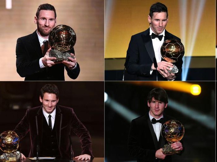 TOPSHOT - (COMBO) This combination of file photographs created on December 3, 2019, shows Barcelona's Argentinian forward Lionel Messi reacting as he receives the Ballon d'or Football Trophy (from top L to down R) for the year 2019 in Paris on December 2, 2019; for the year 2015 in Zurich on January 11, 2016; for the year 2012 in Zurich on January 7, 2013; for the year 2011 in Zurich on January 9, 2012; for the year 2010 in Zurich, on January 10, 2011; and for the year 2009 in Boulogne-Billancourt, outside Paris, on December 6, 2009. - Lionel Messi won a record-breaking sixth Ballon d'Or on December 2, 2019. (Photos by AFP) (Photo by FRANCK FIFE,FABRICE COFFRINI,OLIVIER MORIN,FRED DUFOUR/AFP via Getty Images)
