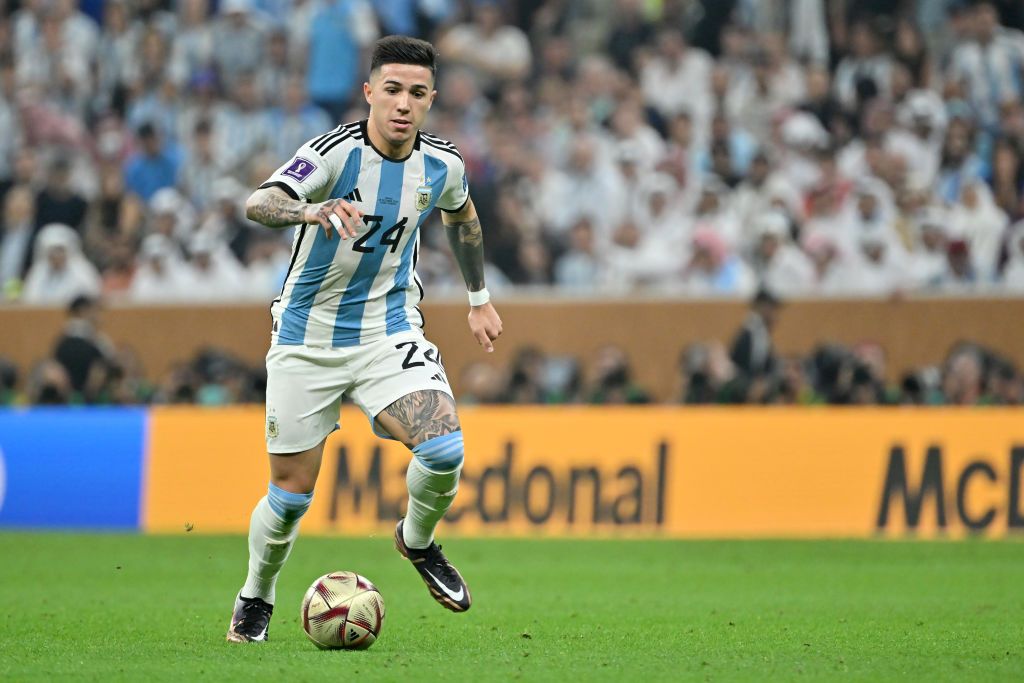 LUSAIL CITY, QATAR - DECEMBER 18: Enzo Fernandez of Argentina with the trophy for the best young player after the FIFA World Cup Qatar 2022 Final match between Argentina and France at Lusail Stadium on December 18, 2022 in Lusail City, Qatar. (Photo by Ulrik Pedersen/Defodi Images via Getty Images)