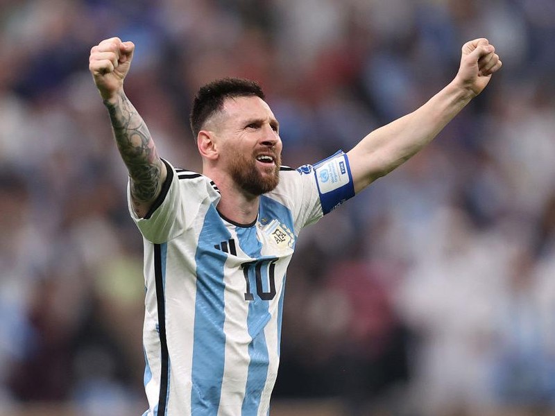 LUSAIL CITY, QATAR - DECEMBER 18: Lionel Messi of Argentina
celebrates scoring after he made it 3-2 in extra time during the FIFA World Cup Qatar 2022 Final match between Argentina and France at Lusail Stadium on December 18, 2022 in Lusail City, Qatar. (Photo by Julian Finney/Getty Images)