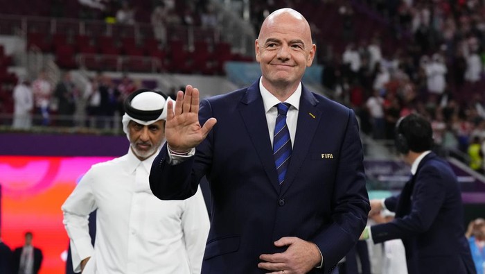 FIFA President Gianni Infantino attends at the medals ceremony after the World Cup third-place playoff soccer match between Croatia and Morocco at Khalifa International Stadium in Doha, Qatar, Saturday, Dec. 17, 2022. Croatia won 2-1. (AP Photo/Hassan Ammar)