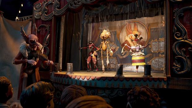 Guillermo del Toro's Pinocchio - (L-R) Count Volpe (voiced by Christoph Waltz) and Pinocchio (voiced by Gregory Mann). Cr: Netflix © 2022