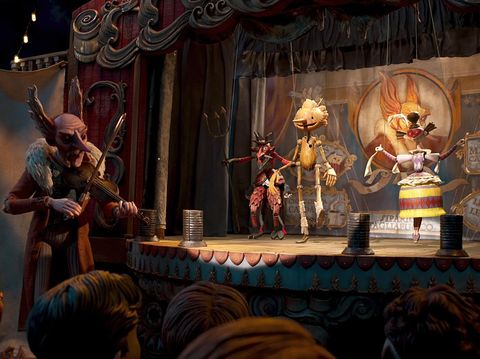 Guillermo del Toro's Pinocchio - (L-R) Count Volpe (voiced by Christoph Waltz) and Pinocchio (voiced by Gregory Mann). Cr: Netflix © 2022