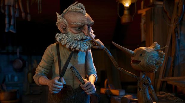 Guillermo del Toro's Pinocchio - (L-R) Gepetto (voiced by David Bradley) and Pinocchio (voiced by Gregory Mann). Cr: Netflix © 2022