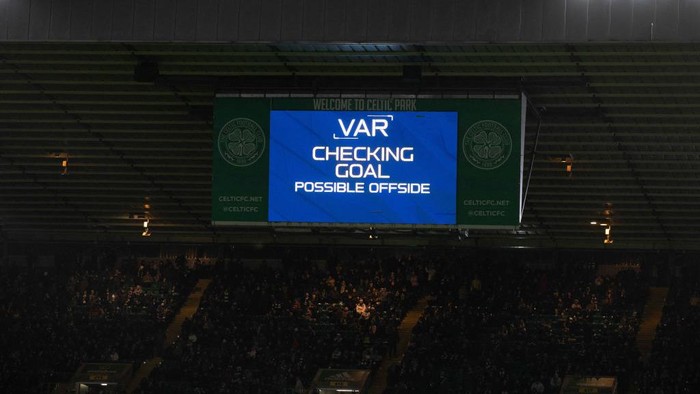 GLASGOW, SCOTLAND - DECEMBER 21: VAR checks Liel Abadas goal for a possible offside during a cinch Premiership match between Celtic and Livingston at Celtic Park, on December 21, 2022, in Glasgow, Scotland. (Photo by Craig Williamson/SNS Group via Getty Images)