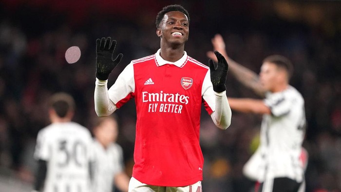 Arsenals Eddie Nketiah reacts after his sides first goal of the game is ruled out for offside during a friendly match at Emirates Stadium, London. Picture date: Saturday December 17, 2022. (Photo by Zac Goodwin/PA Images via Getty Images)
