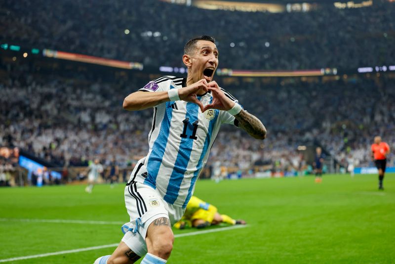 LUSAIL CITY, QATAR - DECEMBER 18: Angel Di Maria of Argentina celebrates after scoring his team's second goal during the FIFA World Cup Qatar 2022 Final match between Argentina and France at Lusail Stadium on December 18, 2022 in Lusail City, Qatar. (Photo by Manuel Reino Berengui/Defodi Images via Getty Images)