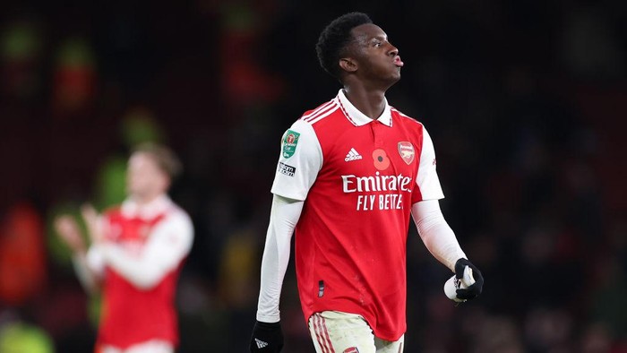 LONDON, ENGLAND - NOVEMBER 09: Eddie Nketiah of Arsenal looks dejected during the Carabao Cup Third Round match between Arsenal and Brighton & Hove Albion at Emirates Stadium on November 9, 2022 in London, England. (Photo by Jacques Feeney/Offside/Offside via Getty Images)