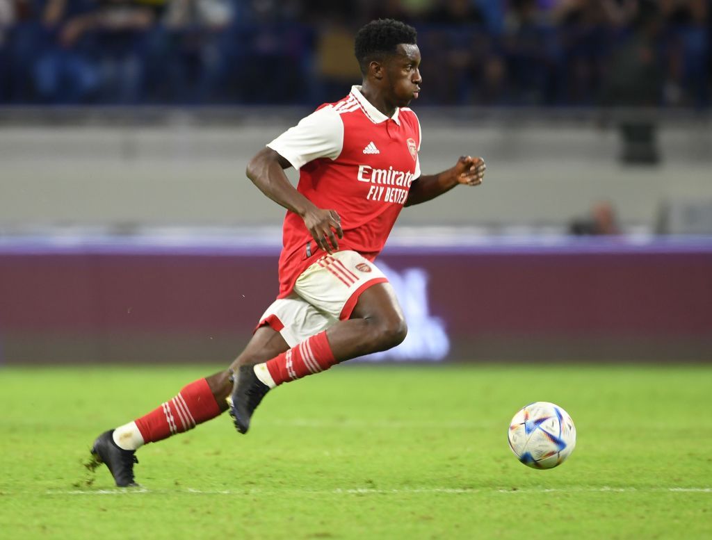 DUBAI, UNITED ARAB EMIRATES - DECEMBER 13: Eddie Nketiah of Arsenal during the Dubai Super Cup match between Arsenal and AC Milan at Al Maktoum Stadium on December 13, 2022 in Dubai, United Arab Emirates. (Photo by Stuart MacFarlane/Arsenal FC via Getty Images)