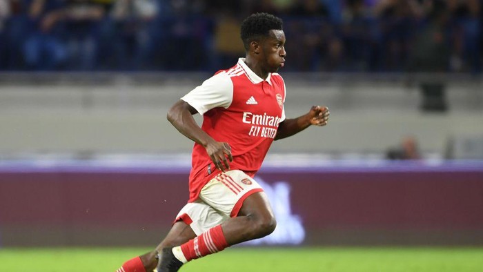 DUBAI, UNITED ARAB EMIRATES - DECEMBER 13: Eddie Nketiah of Arsenal during the Dubai Super Cup match between Arsenal and AC Milan at Al Maktoum Stadium on December 13, 2022 in Dubai, United Arab Emirates. (Photo by Stuart MacFarlane/Arsenal FC via Getty Images)