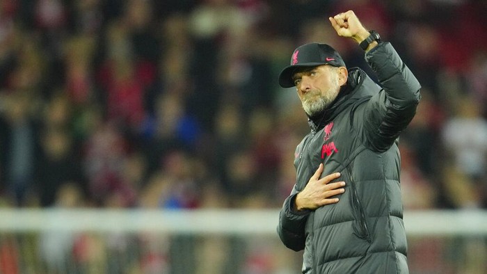 Liverpools manager Jurgen Klopp reacts after the English Premier League soccer match between Liverpool and Southampton at Anfield stadium in Liverpool, England, Saturday, Nov. 12, 2022. (AP Photo/Jon Super)