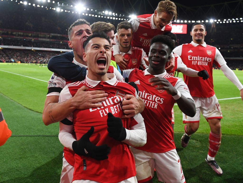 LONDON, ENGLAND - DECEMBER 26: (2ndL) Gabriel Martinelli celebrates scoring the 2nd Arsenal goal with (L) Granit Xhaka,  (2ndR) Rob Holding and (R) Bukayo Saka during the Premier League match between Arsenal FC and West Ham United at Emirates Stadium on December 26, 2022 in London, England. (Photo by Stuart MacFarlane/Arsenal FC via Getty Images)