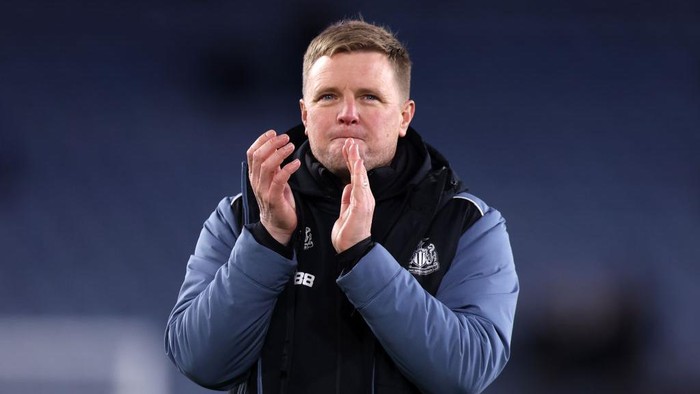 LEICESTER, ENGLAND - DECEMBER 26: Eddie Howe, Manager of Newcastle United applauds fans following their sides victory in the Premier League match between Leicester City and Newcastle United at The King Power Stadium on December 26, 2022 in Leicester, England. (Photo by Nathan Stirk/Getty Images)