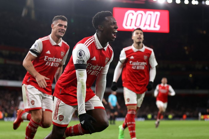 LONDON, ENGLAND - DECEMBER 26: Eddie Nketiah of Arsenal celebrates after scoring their sides third goal during the Premier League match between Arsenal FC and West Ham United at Emirates Stadium on December 26, 2022 in London, England. (Photo by Alex Pantling/Getty Images)