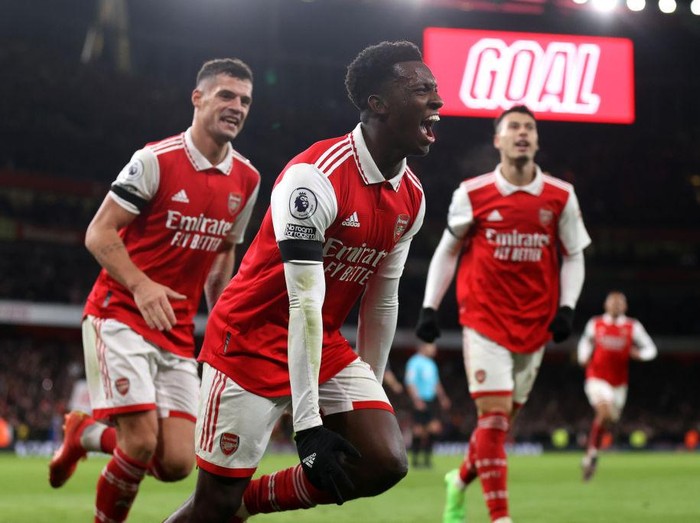 LONDON, ENGLAND - DECEMBER 26: Eddie Nketiah of Arsenal celebrates after scoring their side's third goal during the Premier League match between Arsenal FC and West Ham United at Emirates Stadium on December 26, 2022 in London, England. (Photo by Alex Pantling/Getty Images)