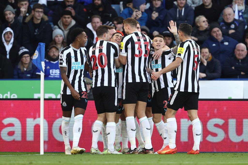 LEICESTER, ENGLAND - DECEMBER 26: Miguel Almiron of Newcastle United celebrates after scoring a goal to make it 0-2 during the Premier League match between Leicester City and Newcastle United at The King Power Stadium on December 26, 2022 in Leicester, United Kingdom. (Photo by James Williamson - AMA/Getty Images)