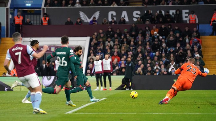 Mohamed Salah Liverpool's Mohamed Salah (centre) scores their side's first goal of the game during the Premier League match at Villa Park, Birmingham. Picture date: Monday December 26, 2022. (Photo by Nick Potts/PA Images via Getty Images)