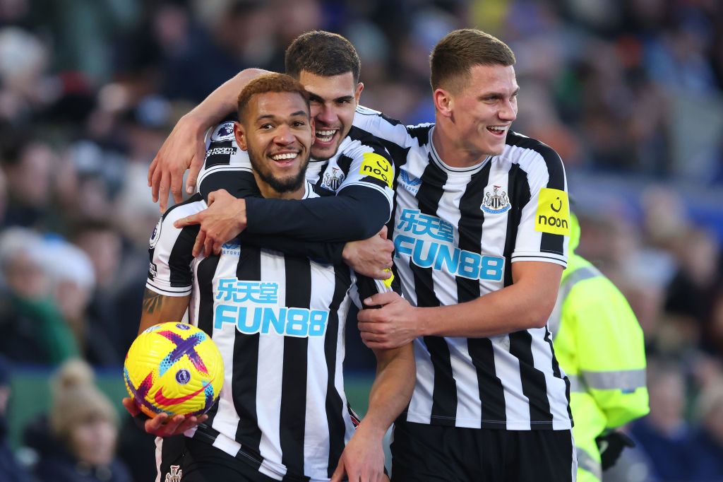 LEICESTER, ENGLAND - DECEMBER 26:  Joelinton of Newcastle United celebrates scoring the 3rd goal with Bruno Guimaraes and Sven Botman during the Premier League match between Leicester City and Newcastle United at The King Power Stadium on December 26, 2022 in Leicester, United Kingdom. (Photo by Marc Atkins/Getty Images)