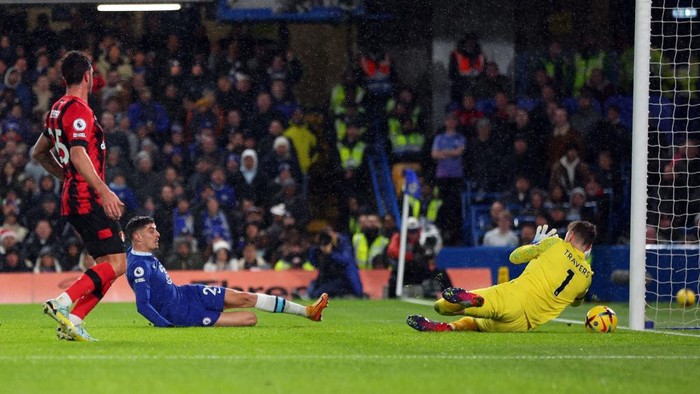 LONDON, ENGLAND - DECEMBER 27: Kai Havertz of Chelsea scores the opening goal during the Premier League match between Chelsea FC and AFC Bournemouth at Stamford Bridge on December 27, 2022 in London, United Kingdom. (Photo by Marc Atkins/Getty Images)