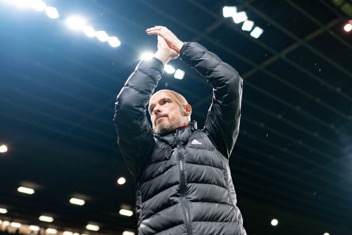 MANCHESTER, ENGLAND - DECEMBER 27:   Manchester United Head Coach / Manager Erik ten Hag applauds the fans prior to the Premier League match between Manchester United and Nottingham Forest at Old Trafford on December 27, 2022 in Manchester, United Kingdom. (Photo by Ash Donelon/Manchester United via Getty Images)