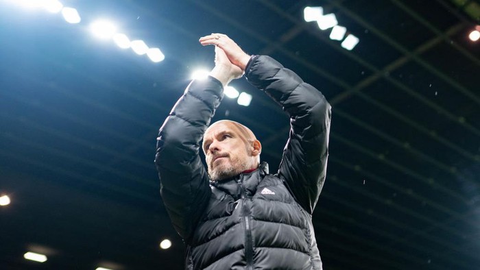 MANCHESTER, ENGLAND - DECEMBER 27:   Manchester United Head Coach / Manager Erik ten Hag applauds the fans prior to the Premier League match between Manchester United and Nottingham Forest at Old Trafford on December 27, 2022 in Manchester, United Kingdom. (Photo by Ash Donelon/Manchester United via Getty Images)
