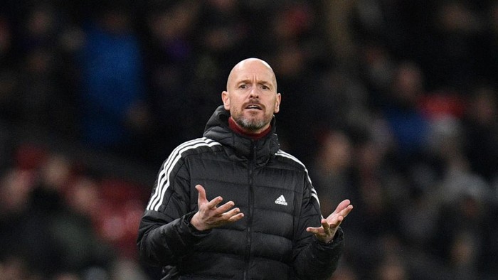 Manchester Uniteds Dutch manager Erik ten Hag gestures as he reacts during the English Premier League football match between Manchester United and Nottingham Forest at Old Trafford in Manchester, north west England, on December 27, 2022. - RESTRICTED TO EDITORIAL USE. No use with unauthorized audio, video, data, fixture lists, club/league logos or live services. Online in-match use limited to 120 images. An additional 40 images may be used in extra time. No video emulation. Social media in-match use limited to 120 images. An additional 40 images may be used in extra time. No use in betting publications, games or single club/league/player publications. (Photo by Oli SCARFF / AFP) / RESTRICTED TO EDITORIAL USE. No use with unauthorized audio, video, data, fixture lists, club/league logos or live services. Online in-match use limited to 120 images. An additional 40 images may be used in extra time. No video emulation. Social media in-match use limited to 120 images. An additional 40 images may be used in extra time. No use in betting publications, games or single club/league/player publications. / RESTRICTED TO EDITORIAL USE. No use with unauthorized audio, video, data, fixture lists, club/league logos or live services. Online in-match use limited to 120 images. An additional 40 images may be used in extra time. No video emulation. Social media in-match use limited to 120 images. An additional 40 images may be used in extra time. No use in betting publications, games or single club/league/player publications. (Photo by OLI SCARFF/AFP via Getty Images)