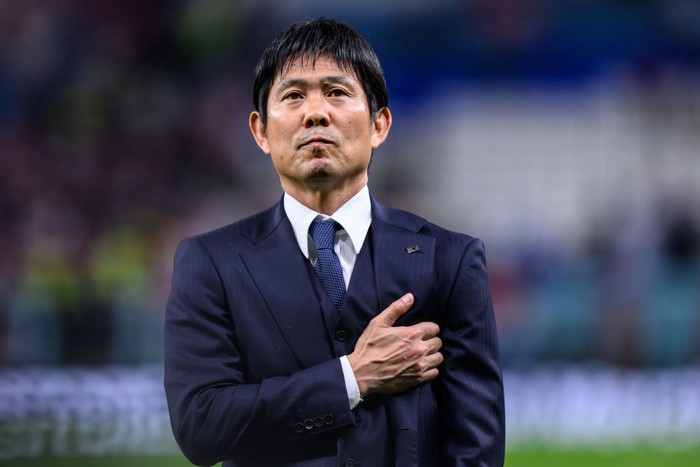 AL WAKRAH, QATAR - DECEMBER 05: Head Coach Hajime Moriyasu of Japan says goodbye to the Japanese fans after the FIFA World Cup Qatar 2022 Round of 16 match between Japan and Croatia at Al Janoub Stadium on December 05, 2022 in Al Wakrah, Qatar. (Photo by Markus Gilliar - GES Sportfoto/Getty Images)