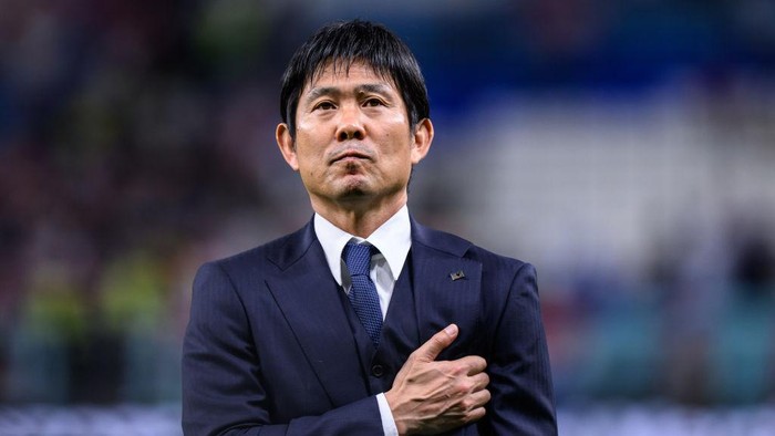AL WAKRAH, QATAR - DECEMBER 05: Head Coach Hajime Moriyasu of Japan says goodbye to the Japanese fans after the FIFA World Cup Qatar 2022 Round of 16 match between Japan and Croatia at Al Janoub Stadium on December 05, 2022 in Al Wakrah, Qatar. (Photo by Markus Gilliar - GES Sportfoto/Getty Images)
