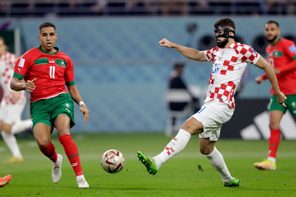 DOHA, QATAR - DECEMBER 17: (L-R) Abdelhamid Sabiri of Morocco, Josko Gvardiol of Croatia  during the  World Cup match between Croatia  v Morocco at the Khalifa International Stadium on December 17, 2022 in Doha Qatar (Photo by Rico Brouwer/Soccrates/Getty Images)