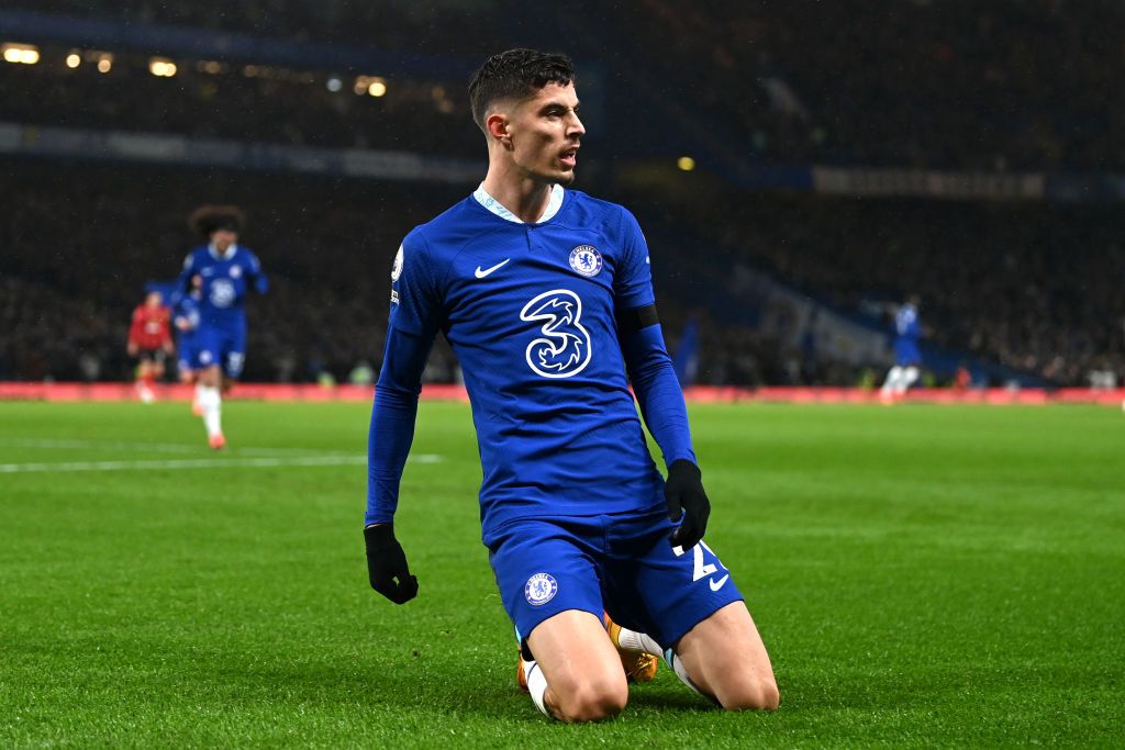 LONDON, ENGLAND - DECEMBER 27:  Kai Havertz of Chelsea celebrates after scoring their side's first goal during the Premier League match between Chelsea FC and AFC Bournemouth at Stamford Bridge on December 27, 2022 in London, England. (Photo by Darren Walsh/Chelsea FC via Getty Images)