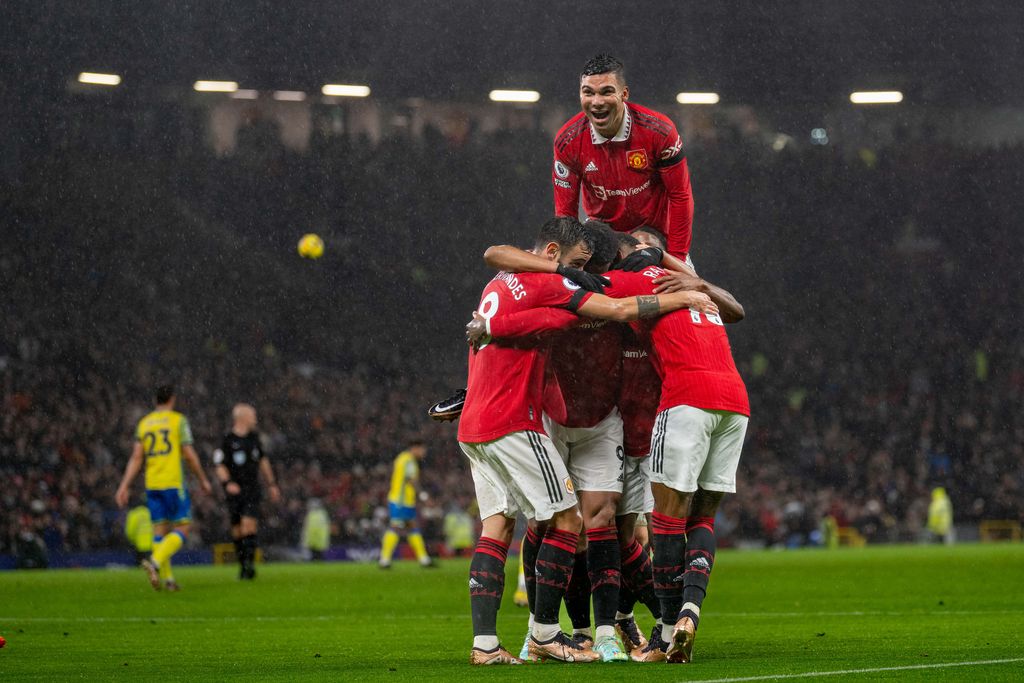 MANCHESTER, ENGLAND - DECEMBER 27:   Anthony Martial of Manchester United celebrates scoring a goal to make the score 2-0 with his team-mates during the Premier League match between Manchester United and Nottingham Forest at Old Trafford on December 27, 2022 in Manchester, United Kingdom. (Photo by Ash Donelon/Manchester United via Getty Images)