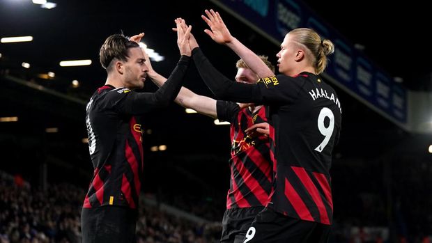 Manchester City's Erling Haaland (right) celebrates scoring their side's second goal of the game during the Premier League match at Elland Road, Leeds. Picture date: Wednesday December 28, 2022. (Photo by Tim Goode/PA Images via Getty Images)