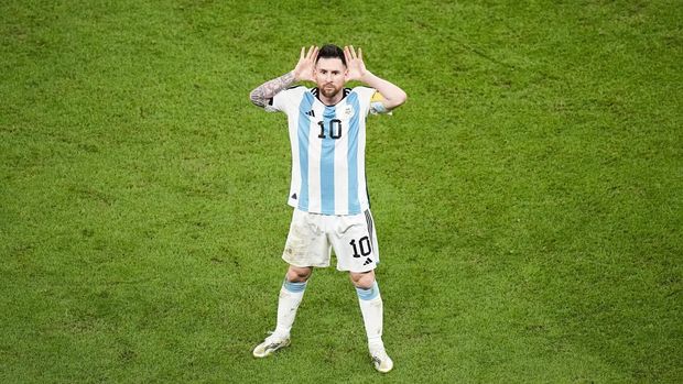 FILE - Argentina's Lionel Messi gestures at the end of the World Cup quarterfinal soccer match between the Netherlands and Argentina, at the Lusail Stadium in Lusail, Qatar, Friday, Dec. 9, 2022. (AP Photo/Ariel Schalit, File)