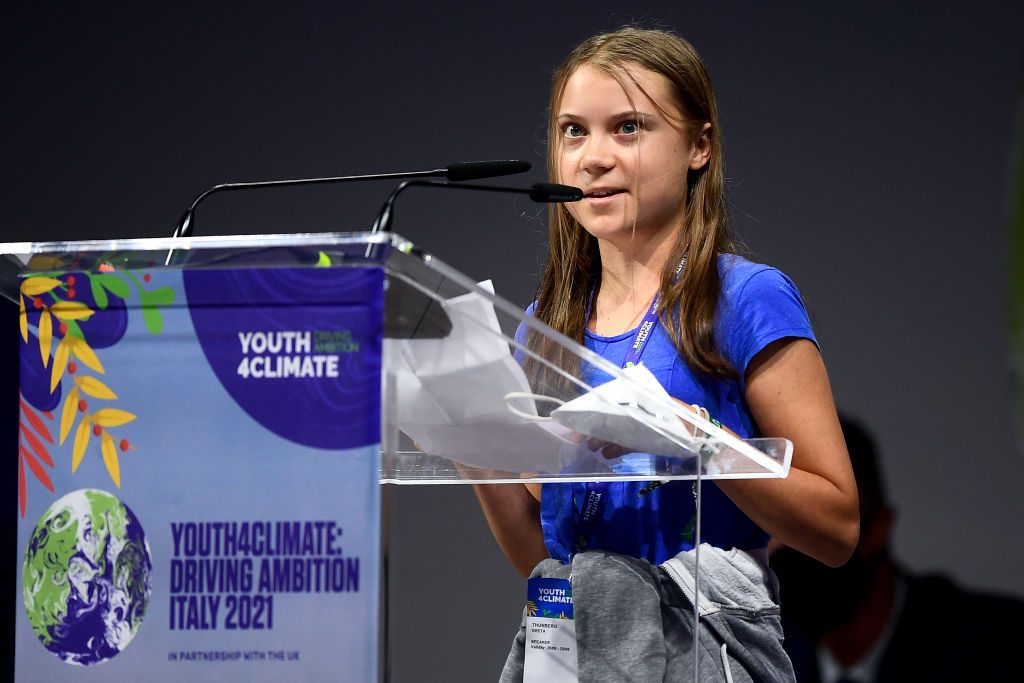 MICO, MILAN, ITALY - 2021/09/28: Greta Thunberg speaks during opening plenary session of the Youth4Climate pre-COP26 event. The 2021 United Nations Climate Change Conference, also known as COP26, is scheduled to be held in the city of Glasgow, Scotland between 31 October and 12 November 2021. (Photo by Nicolò Campo/LightRocket via Getty Images)