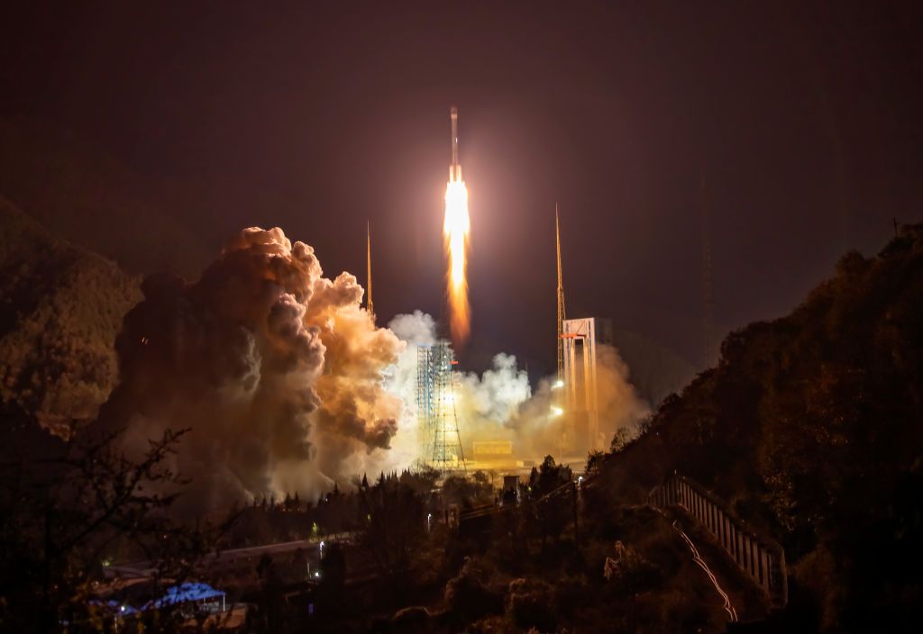 XICHANG, CHINA - DECEMBER 30: A Long March 3B carrier rocket carrying an experimental satellite, named Communication Technology Demonstrator 9, blasts off from the Xichang Satellite Launch Center on December 30, 2021 in Xichang, Liangshan Yi Autonomous Prefecture, Sichuan Province of China. (Photo by Liu Guoxing/VCG via Getty Images)
