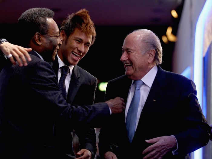 ZURICH, SWITZERLAND - JANUARY 09:  FIFA president Joseph S.Blatter welcomes Pele and Neymar of Brazil prior to the FIFA Ballon d'Or Gala 2011 at the Kongresshaus on January 09, 2012 in Zurich, Switzerland.  (Photo by Alexander Hassenstein - FIFA/FIFA via Getty Images)